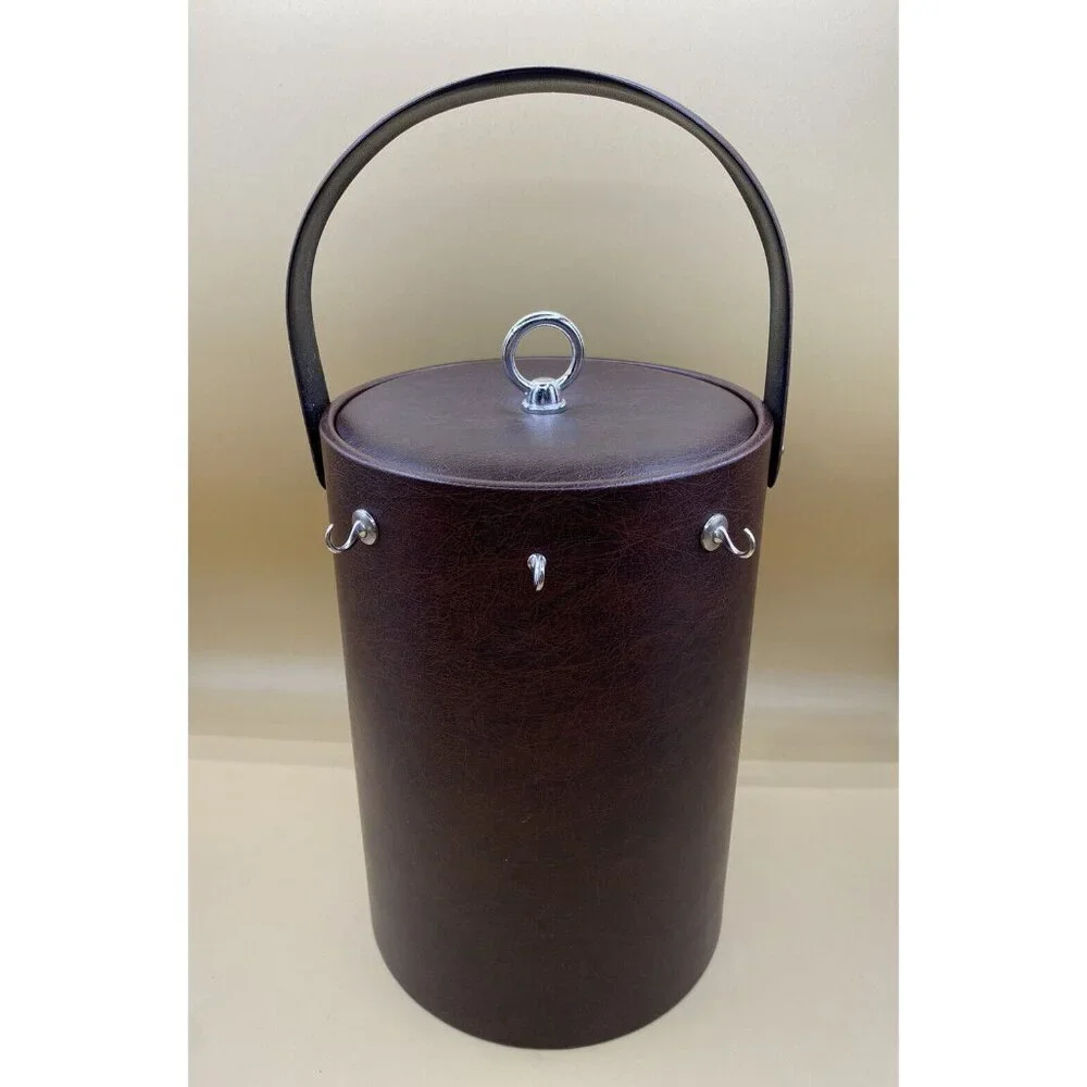Vintage MCM Ice Bucket Brown Leather Vinyl With Handle And Bar Tools Mid Century